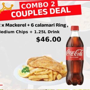 (COMBO 2 ) 2 x Mackerel + 6 calamari Ring , Medium Chips + 1.25L Drink