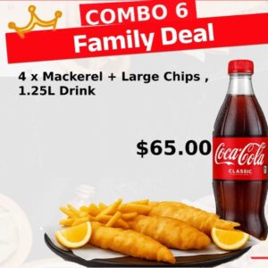 (COMBO 6) Family Deal  4 x Mackerel + Large Chips ,1.25L Drink