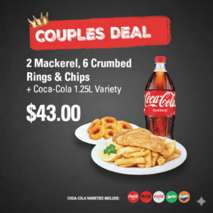 COMBO 2 (2 x Mackerel + 6 calamari Ring , Chips + 1.25L coke Varieties Drink)