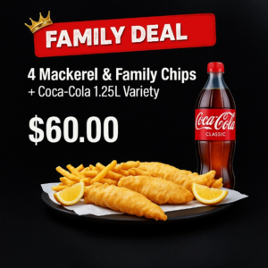 (COMBO 6) Family Deal (4 x Mackerel + Family Chips ,  1.25L coke Varieties Drink)