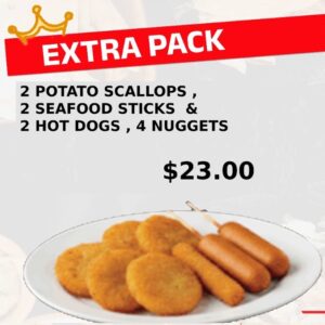 EXTRAS PACK (2 POTATO SCALLOPS , 2 SEAFOOD STICKS  &  2 HOT DOGS , 4 NUGGETS )