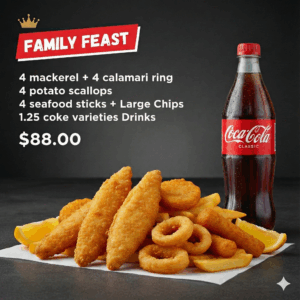 (COMBO 7) Family Feast (4 mackerel + 6 calamari ring  4 potato scallops   4 seafood sticks  +Large Chips  1.25 coke Varieties Drinks )