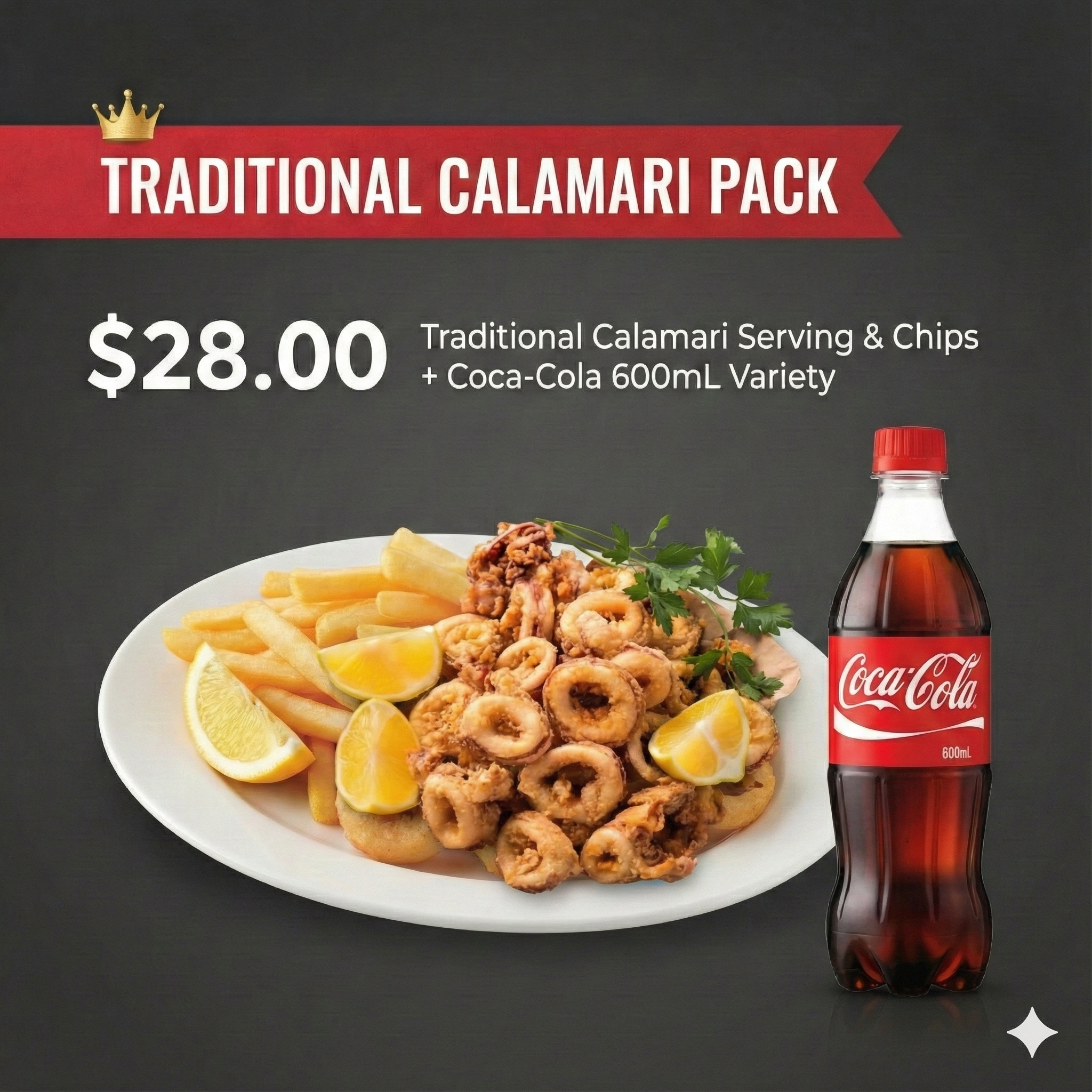 COMBO 3 ( Traditional Calamari , Chips + 600ml coke Varieties)