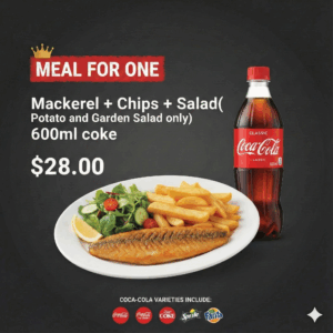(COMBO 4) Mackerel + Chips + Salad( Potato and Garden Salad only) 600ml coke
